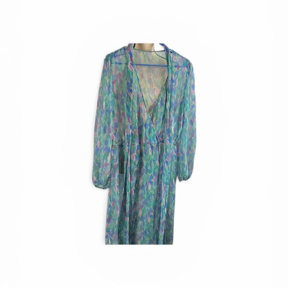 Sheer Floral Wrap Dress w/ Tie Front – Blue Green Boho Maxi (M)